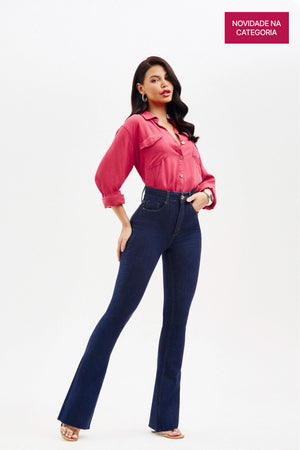 Calça Jeans Modeladora Revolucionária Escura Flare Cós Super Alto