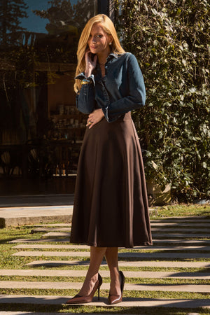 Saia Midi Evasê Glam Coffee QUE NÃO AMASSA