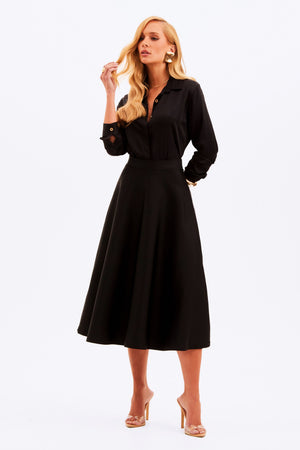 Saia Midi Evasê Glam Preta QUE NÃO AMASSA