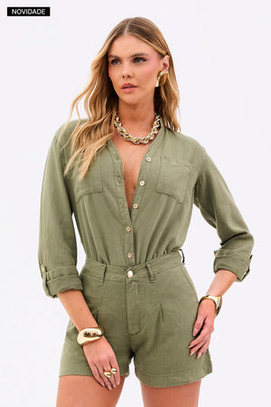 Shorts Alfaiataria de Linho Térmico Dunas Verde Militar