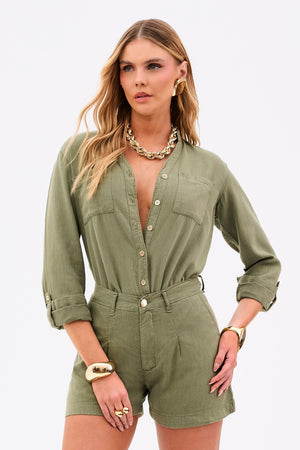 Shorts Alfaiataria de Linho Térmico Dunas Verde Militar