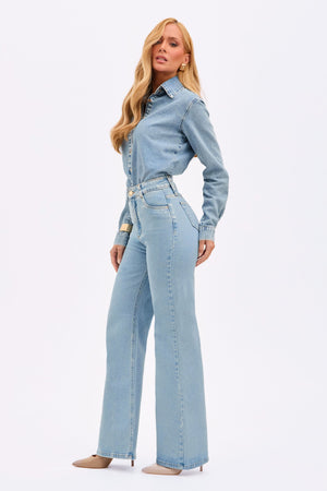 Calça Jeans Wide Leg Basic Cintura Super Alta Barra Tradicional Clara