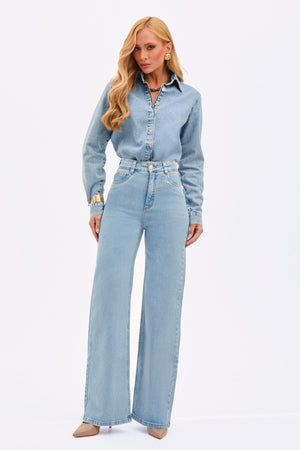 Calça Jeans Wide Leg Basic Cintura Super Alta Barra Tradicional Clara