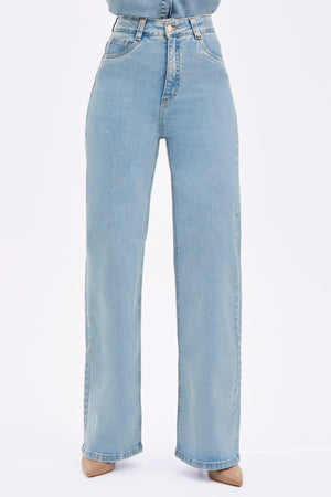 Calça Jeans Wide Leg Basic Cintura Super Alta Barra Tradicional Clara