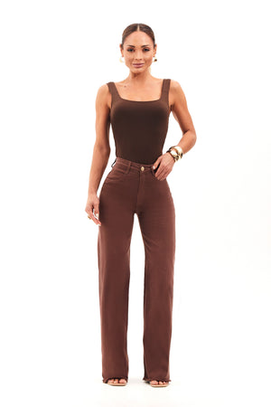 Calça Jeans Modeladora Coffee Wide Leg Cós Super Alto