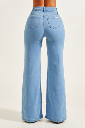Calça Jeans Modeladora Wide Leg Com Amarração Cós Médio
