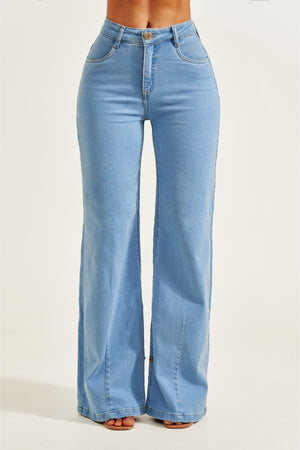Calça Jeans Modeladora Wide Leg Com Amarração Cós Médio