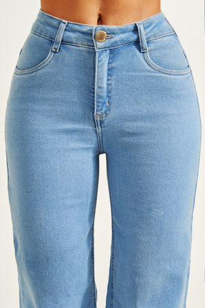 Calça Jeans Modeladora Wide Leg Com Amarração Cós Médio