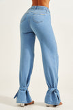 Calça Jeans Modeladora Wide Leg Com Amarração Cós Médio