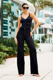 Calça Jeans Modeladora Wide Leg Cós Super Alto Barra Corte a Laser Preto Intenso
